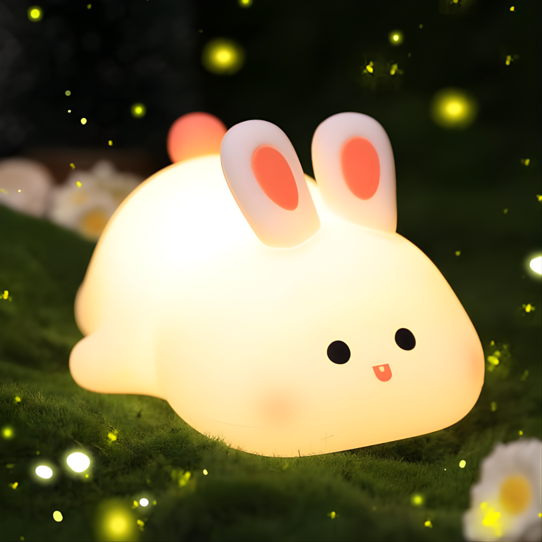 Lámpara quitamiedos para niños en forma de conejo, luz LED suave y material flexible pensado para manos pequeñas