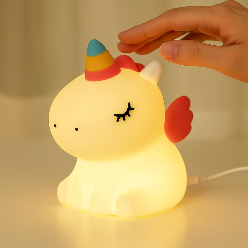 Lámpara infantil de unicornio con luz cálida y material de silicona segura