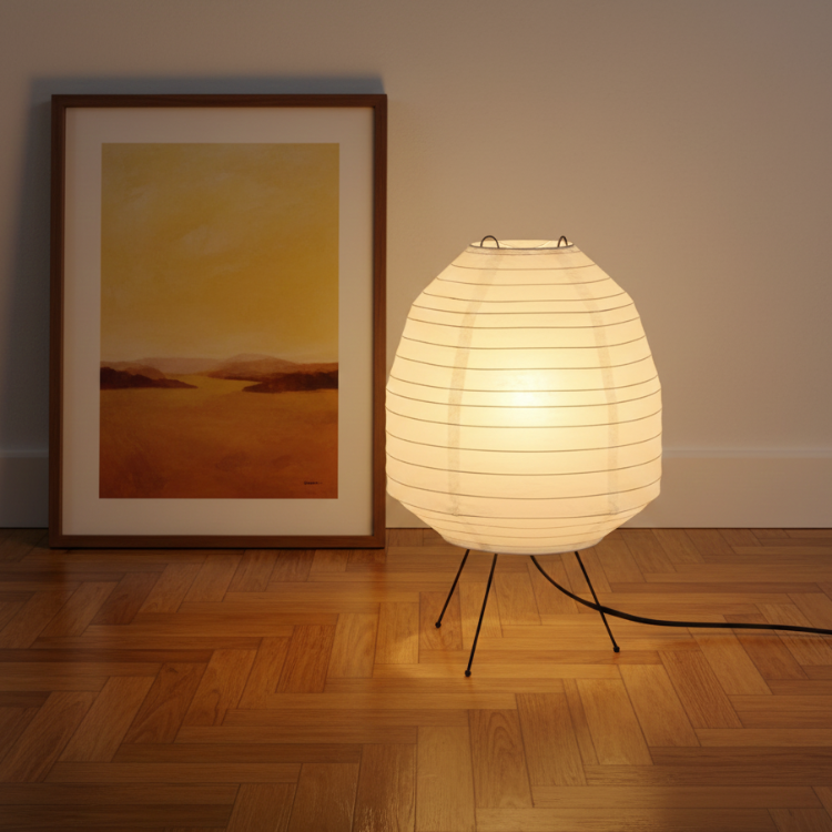 Lámpara artesanal de papel de arroz con textura natural y luz envolvente.