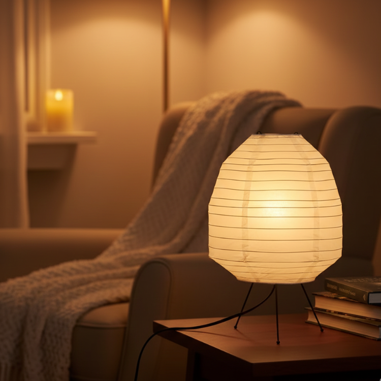 Lámpara artesanal de papel de arroz con textura natural y luz envolvente.