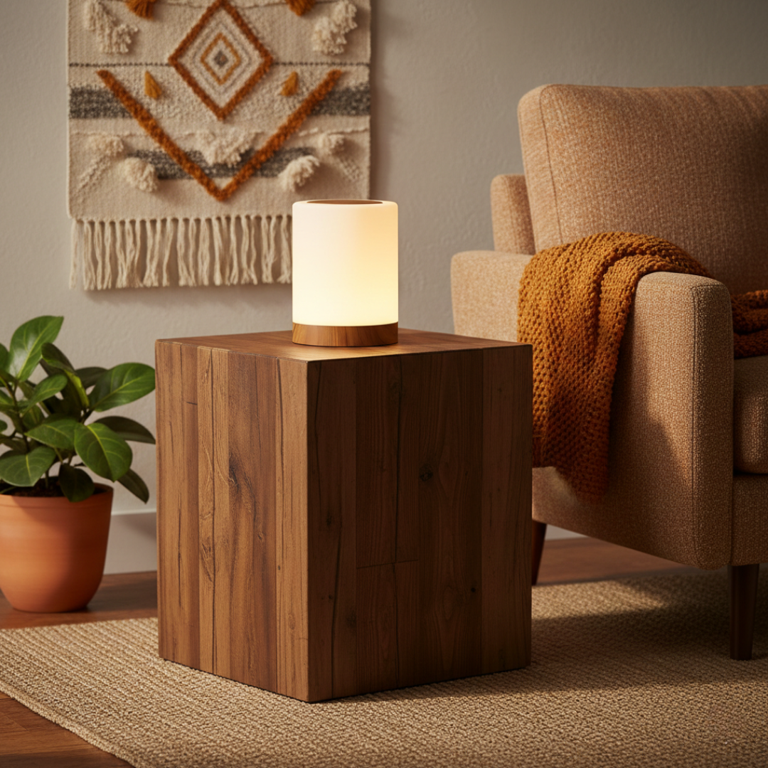 lámpara LED para dormir con base de madera y luz ambiental