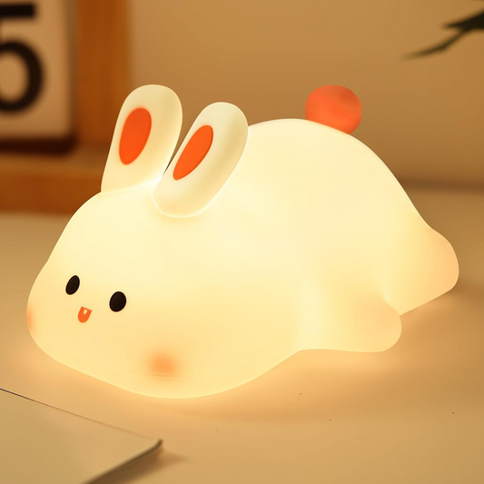 Lámpara nocturna infantil en forma de conejo luminoso, fabricada en silicona suave y segura, ideal para bebés y niños pequeños
