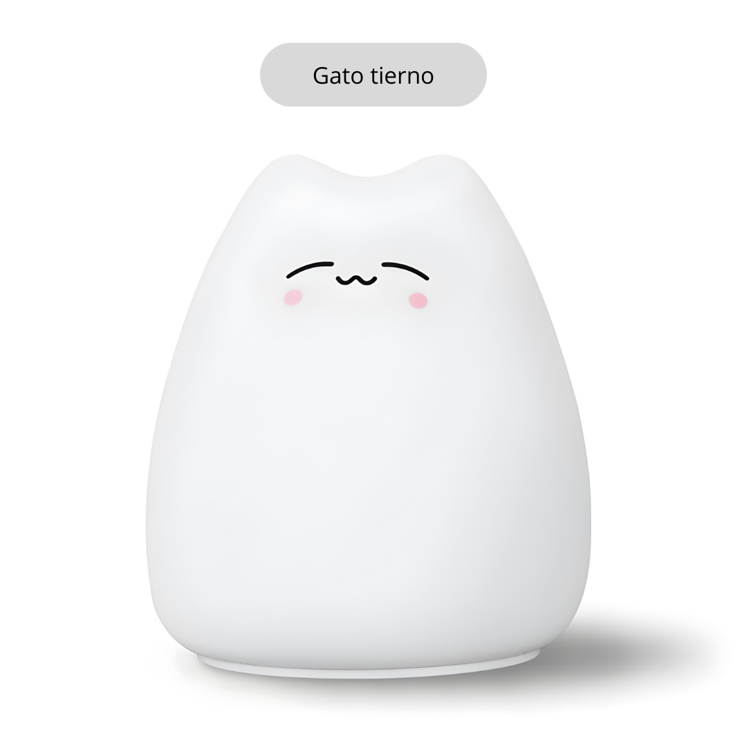 Lámpara infantil portátil en forma de gato utilizada como luz nocturna, ideal para viajes, rutinas de sueño y lactancia nocturna.