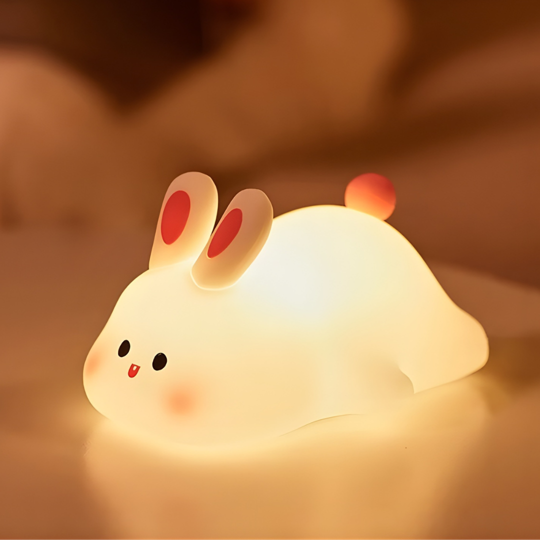 Luz nocturna portátil para bebés con forma de conejo luminoso, silicona flexible y uso seguro durante la noche