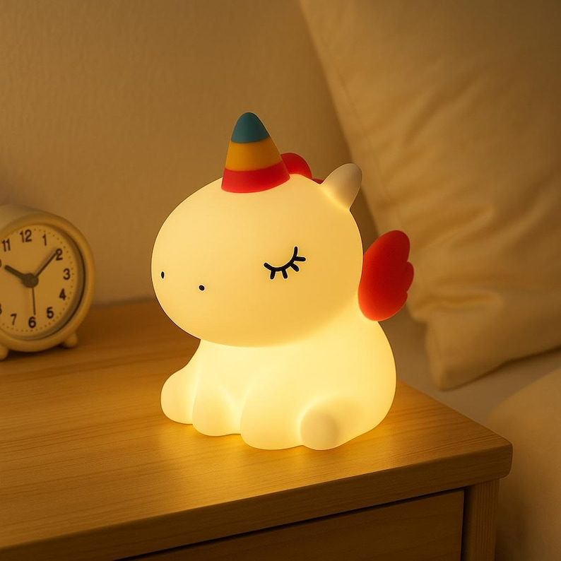 Unicornio luminoso con luz suave creando un ambiente tranquilo para dormir