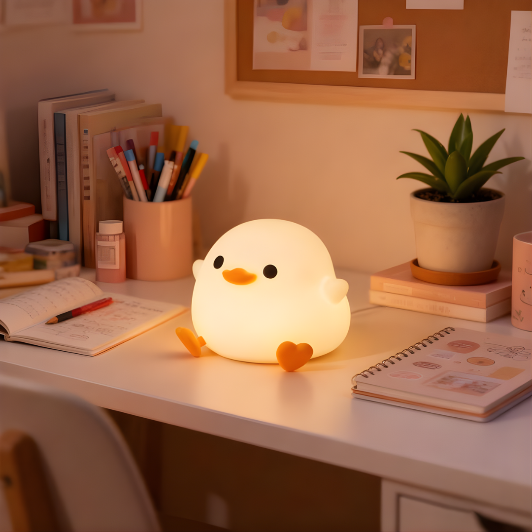 Detalle de la lámpara de pato iluminada con luz cálida y relajante